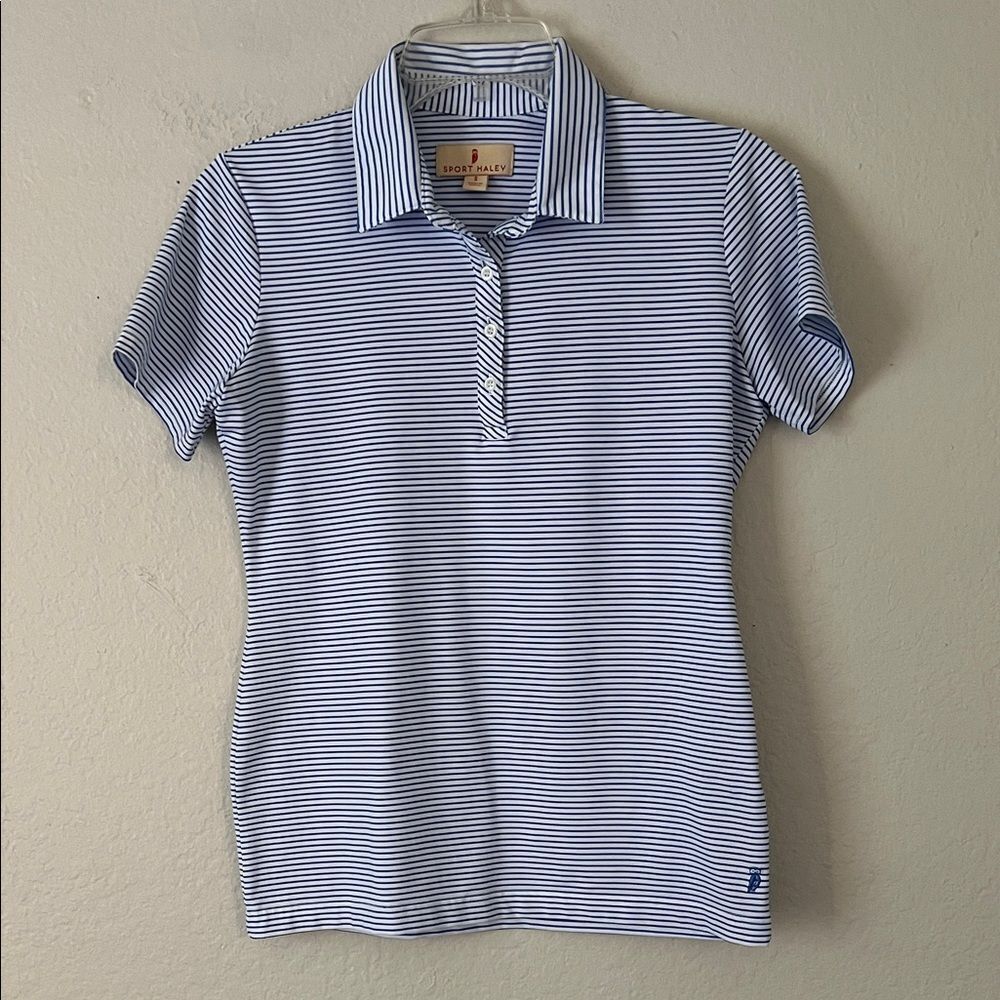 Like New! Sport Haley Women's Navy Striped Polo Shirt in Size S